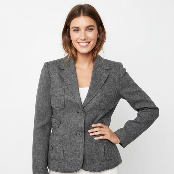 La Redoute Wool Blend Blazer Jacket Grey Herringbone Pattern Classic Ruffles - Picture 1 of 13